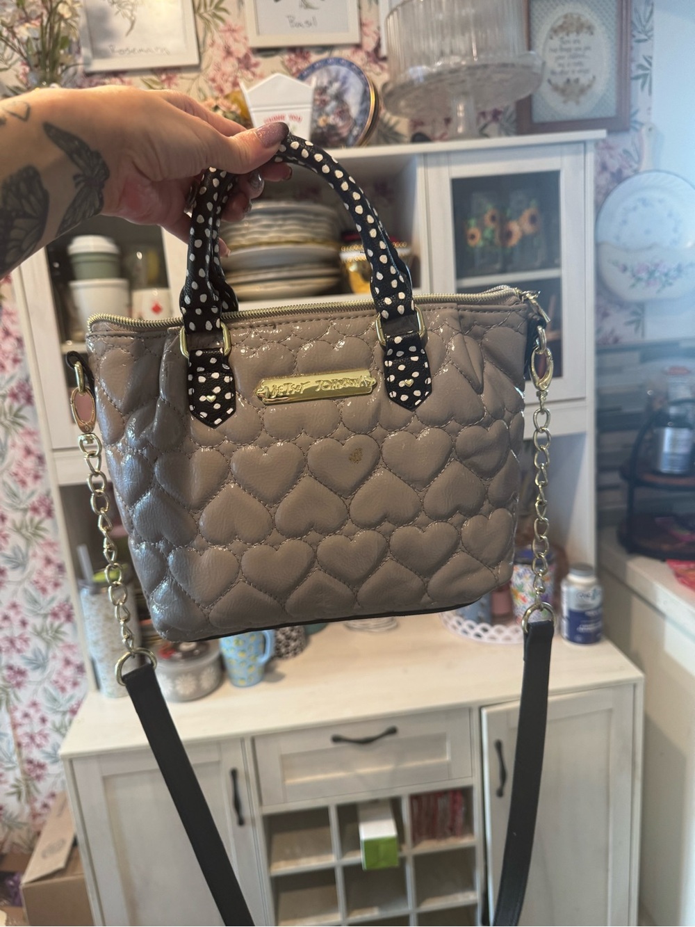 Betsey Johnson taupe quilted mini satchel with black polka dot handles